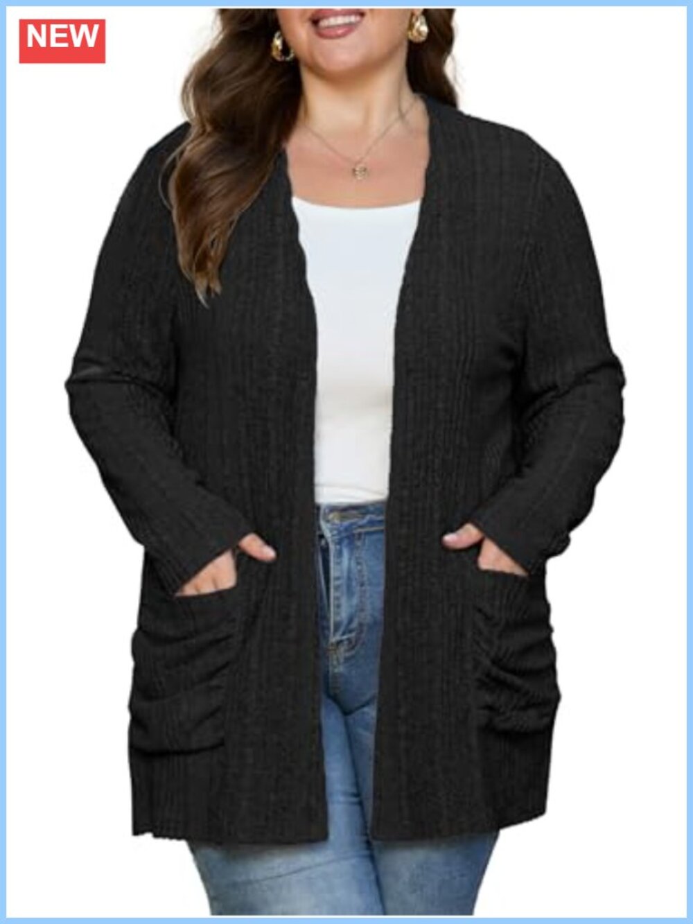 Plus Size Open Front Ribbed Cardigan Long Sleeve Sweater